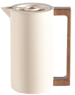 Isolerad vakuumkanna, termisk kaffekanna i rostfritt stål, varmt och kallt te kaffe, med trähandtag och enkel säkerhetstryckknapp, för hem, hotell, kontor (beige, 1 L)