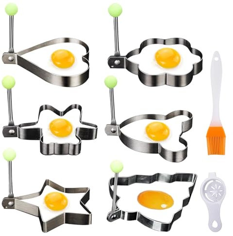 XIAQICA 6 Piezas Molde Huevo Frito,Moldes para Huevos Antiadherentes con Asas con 1 Pieza Cepillo de Aceite y 1 Pieza Separador de Yema,Molde de Huevo Frito Apto para Tortillas,Panqueques