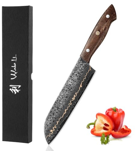 Wakoli Kawa Santokumesser 18 cm, 67 Lagen Damaststahl, VG10 Kern, Full Tang | Kupfereinlage, massiver Ahornwurzelholzgriff, 15° V-Schliff beidseitig, 60±2 HRC, für Fisch, Fleisch und Gemüse, Geschenkbox.