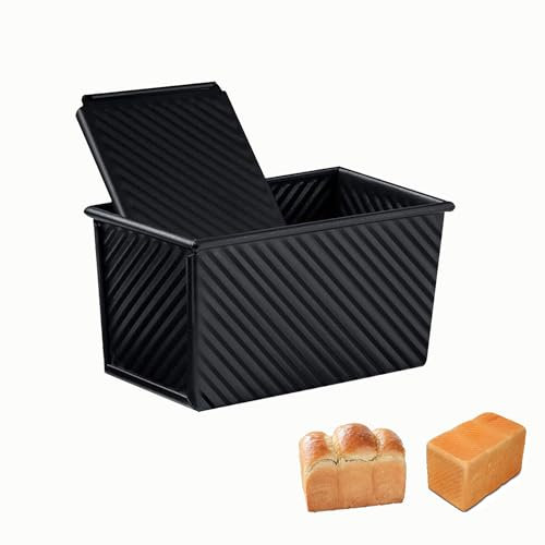 OlBuWa Loaf Tin with Lid, 1lb(450g) Bread Loaf Tin, Non Stick Sandwich Bread Tins with Slide Cover, Steel Toast Cakes Pan Breads Tins for Baking, Black