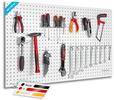 Pegboard Midi 1 pezzo parete per attrezzi in legno (MDF) 100 x 60 x 0,5 cm – foro Ø 7 mm distanza tra i fori 25,4 mm – laccato bianco – Made in Germany