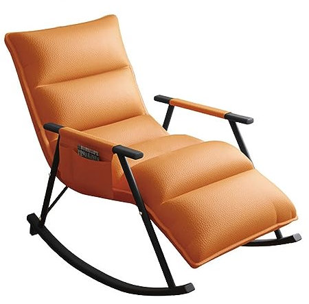 Moderner ergonomischer Leder-Liegestuhl mit verstellbarer Rückenlehne und Fußstütze, gepolsterter Schaukelstuhl für Wohnzimmer, orange-schwarzer Rahmen, Aufbewahrungstasche, bequemer Loungesessel