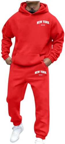 Hoodie Tracksuit Mens Full Set Long Sleeve Hooded Sweatshirt and Sweatpants Set 2 Piece Stylish Letter Print Jogging Suits Men's Activewear Winter Thermal Tracksuit Gym Jogger Sport Set (02-Red, XXXL)