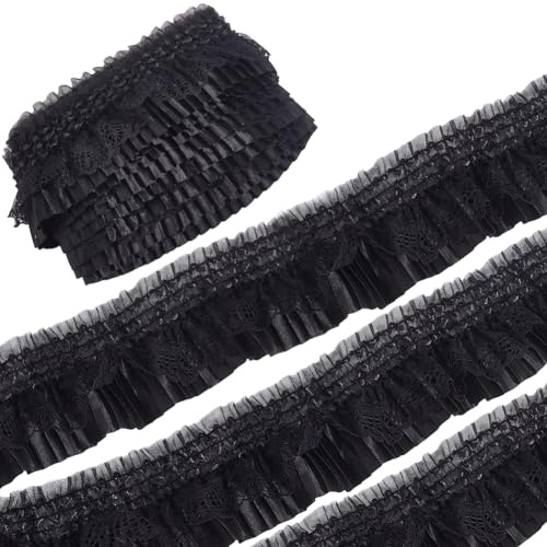 CABODYALS 9.14M Nero Pizzo Increspato Elastico Raso Stratificato Nastro Bordo Plissettato Vintage Maglia Arricciata Applique Ricamato Floreale Rifiniture per Cucire Realizzazione Accessori per Decoraz