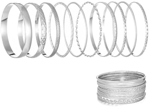 Gurfzcyuoo Juego de 10 pulseras indias plateadas/doradas para mujer, pulseras apilables de plata, vintage, joyería de brazo para mujer, fiesta de boda, talla única, Metal, No es una piedra preciosa