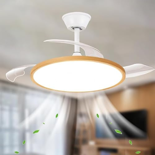LED Retrattile Ventilatore Da Soffitto Con Luce E Telecomando Silenzioso 6 Velocità Lampadario Ventilatore Reversibile Dimmerabili Grande Plafoniera Con Ventilatore Modern Smart-Bianco Legno||95cm