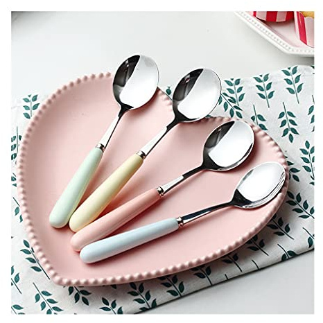 ADERFETBI Cutlery Teaspoons Four-piece Stainless Steel Spoon with Ceramic Handle Household Long-handled Dessert Ice Cream Spice Spoon 4 pieces Tea Spoons(S)