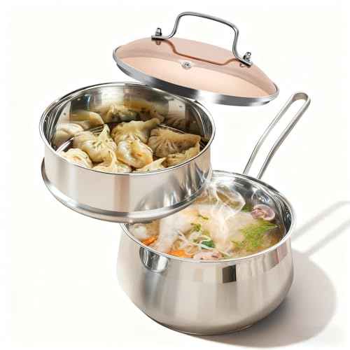 Boryenty 2.5QT Stainless Steel Saucepan with Steamer Basket and Glass Lid, 18/8 Food Grade Small Soup Pot with Steamer Insert, Induction Compatible, Heavy Duty Multi-Purpose Pot for Cooking & Steaming