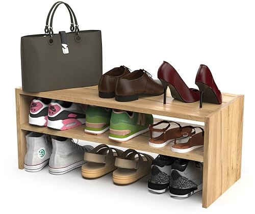 defiPad Schmal Schuhregal Platzsparend mit 2 Ebenen – Klein Schuh Organizer – Stapelbar Schuhablage -78x32 cm Shoe Rack für 6-9 Paar – für Flur, Garderobe, Schlafzimmer (Premium Eiche)