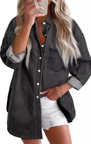 EUDOLAH Damen Übergroßes Jeanshemd mit Polo-Kragen als lässige Bluse oder leichte Jacke (Dunkelgrau,XL)
