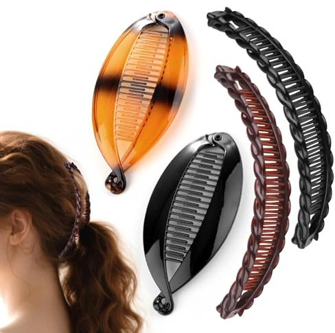 Pinces à Cheveux Banane, Wefaly 4 Pièces Grande Pince Banane Cheveux Queue de Poisson Clip pour Femmes Classique Française Peigne à Cheveux Porte-Queue de Cheval pour Femmes et Filles (Noir, Marron)
