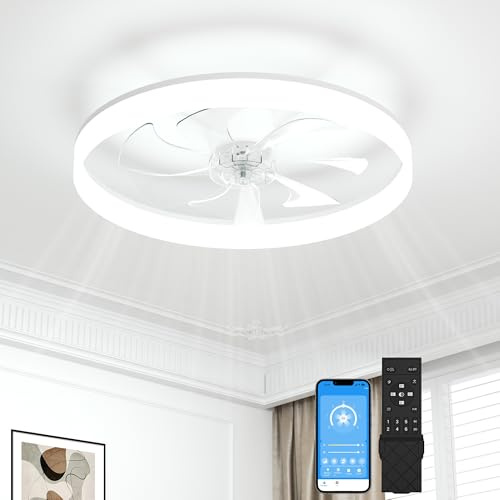 SUNKENET 60CM White Ceiling Fan with Light with Remote, Ceiling Fan Light | 6 Speeds Fan Lights Ceiling for Bedroom,Quiet Light Fan Ceiling,3000K-6500K Dimmable Smart Modern LED Ceiling Fan with Lights