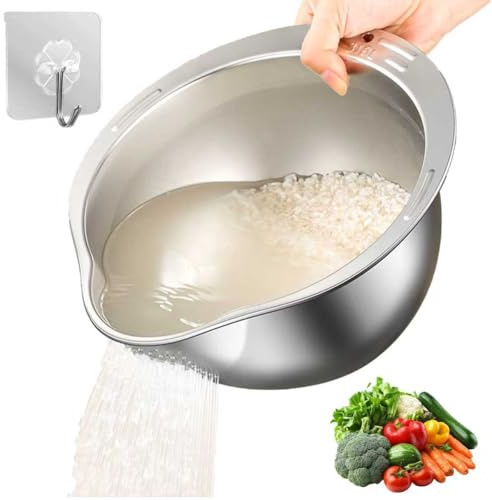Ristvättskål, rostfritt stål risil med hällsil multifunktionell ristvätt för tvätt och droppning av Quinoa frukt grönsaker spannmål bönor (silver)