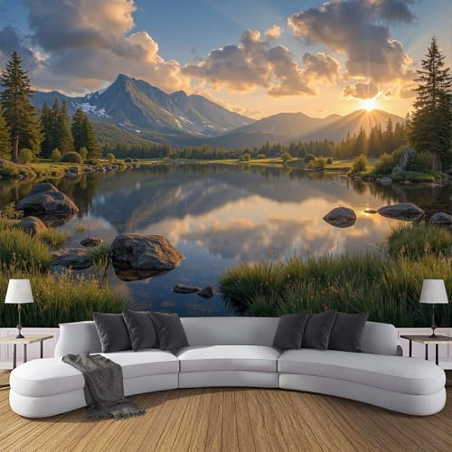 Seen und Berge Fototapete Natürliche Landschaft Fototapeten Wandbild Motivtapeten Seide-Tapeten Moderne Wandtapete Wand Schlafzimmer Wohnzimmer Dekoration 250 x 175 cm