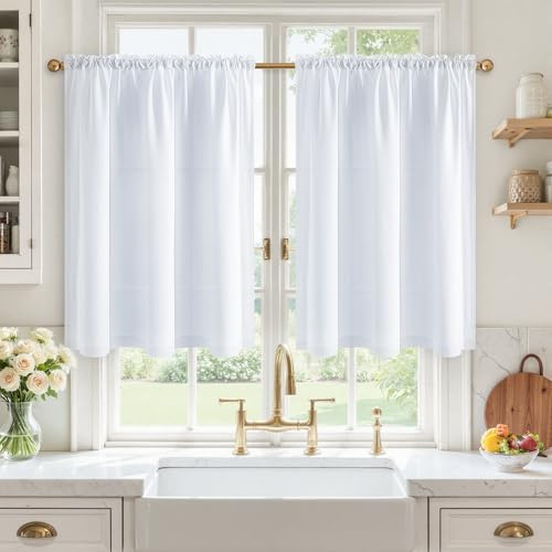 MRTREES Scheibengardinen Modern Weiß Leinenoptik Halbtransparent Küche Wohnzimmer Bistrogardine 2er Set, Küchengardinen Kurz Landhausstil für Küchenfenster Kleine Fenster, H 60 x B 120 cm