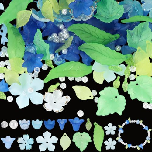 PONABEADIY 1 Box About 767PCS Leaf Flower Beads Kit Spring Acrylic Blue Trumpet Flowers Green Leaves Floral Charms Loose Spacer Bead Bulk for Jewellery Making Bracelet Earrings Haripins Diy Crafts