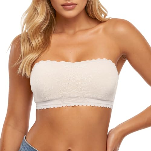 KUOIASY Lace Strapless Bras for Women, Soft Wireless Bandeau Strapless Bras Comfortable Seamless Padded Bralette Bandeau Top with Built in Bra