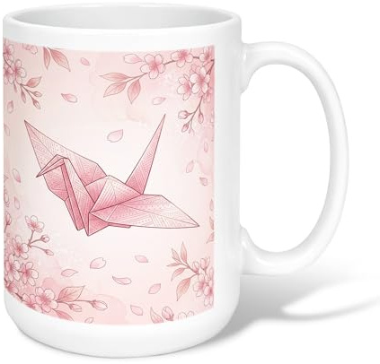 Taza de café de cerámica con forma de grulla, elegante flor de cerezas, pétalos de primavera, melocotón, taza de té novedosa con asa, ideal para amigos, familiares, amantes, ancianos, compañeros de