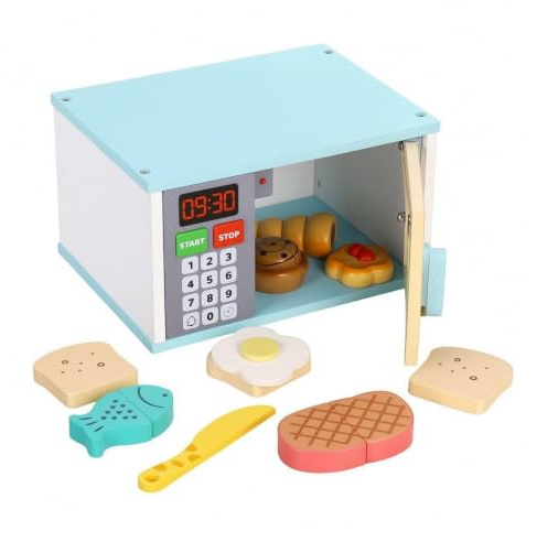 Milageto Jouet Réaliste Appareil Électroménager en Bois Jouet Interactive pour Préscolaires , Four À Micro-Ondes Bleu avec Accessoires De Petit-déjeuner