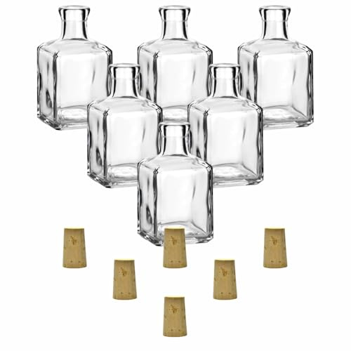 gouveo 6er Set Glasflasche 250 ml Cube mit Korken (SK) - Schöne Flasche 0,25 l zum Befüllen - Eckiges Fläschchen für Likör, Gin, Öl, Vase (CFET250SK)