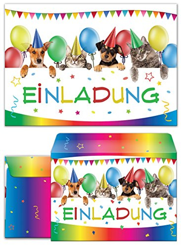 JuNa-Experten 12 Einladungskarten zum Kindergeburtstag Katzen und Hunde incl. 12 Umschläge/Einladungen zum Geburtstag für Mädchen und Jungen lustige Katzen und Hunde (12 Karten + 12 Karten)