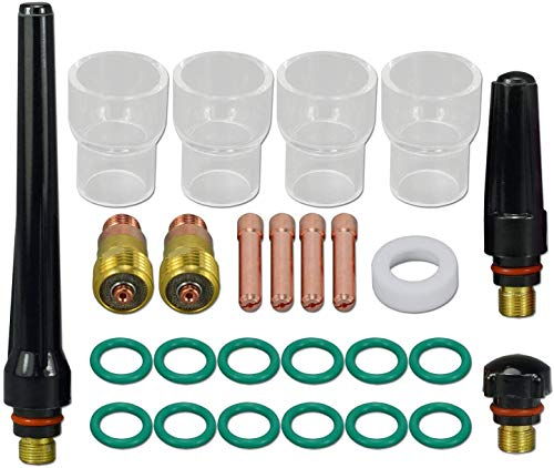RIVERWELD WIG - Kurze Gasspiegel - Kollektorgehäuse 17GL116 10N23S 1,6 mm, TIG - Glaskelche, klare Quarz - Düsen #12 21,0 mm Kit für SR WP 17 18 26 TIG - Schweißbrenner, 26 Stück
