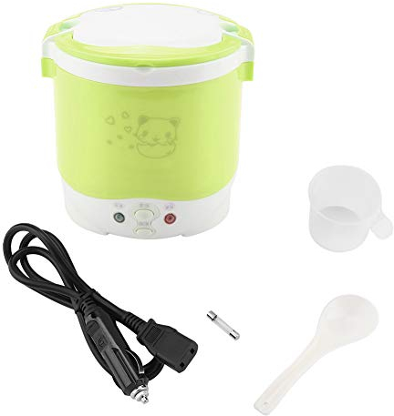 1L Mini Rice Cooker, 12v Electric Lunch Box Portable Travel Rice Cooker for Car Multifunctional Electric Food Steamer Rice Cooker Fast Cooking Fully Automatic Non Stick Pot for Travel Camping (Green)