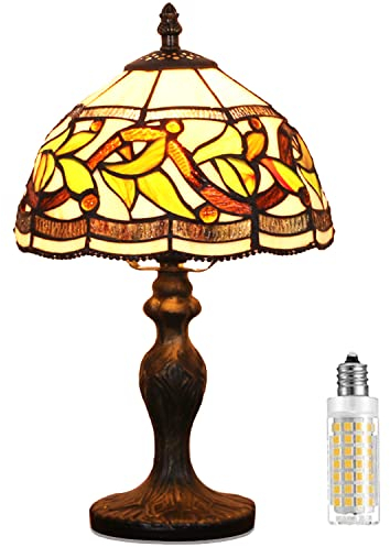MIAOKE Stained Glass Lamp, lámpara de barroca, coloreado pantalla de vidrio, lámpara de mesa retro vintage, lámpara de noche, estudio, oficina-(Hojas Flor)
