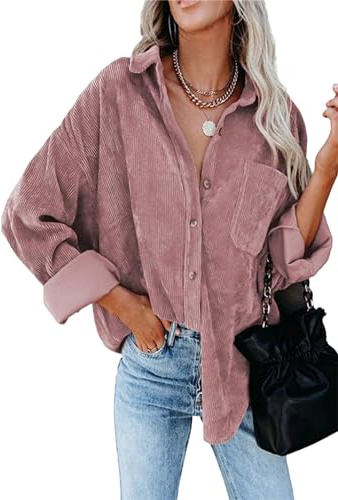 Yming Vintage Revershemd für Frauen Cordjacke Lose übergroße Strickjacke Rosa M