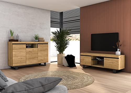Skraut Home | Set Naturale Salón Comedor con patas | Mueble Auxiliar | Buffet | Mueble tv 140cm | Color Roble Negro Nórdico