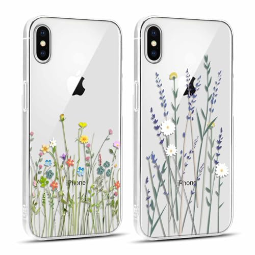 Yoedge 2 Stück Handyhülle für iPhone X/iPhone XS Hülle, Transparent Blumen Muster Mädchen Aesthetic Flowers Handyhülle Weich Durchsichtig Schlanke Silikon Slim Stoßfest Schutzhülle für iPhone X 5,8