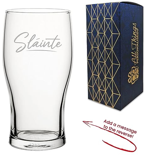 Personalised Engraved Novelty Pint Glass with Slainte Script Design, Add a Personalised Message to the Reverse Gift Box Included, Laser Engraved, Gift for Dad Grandad Uncle Friend Colleague