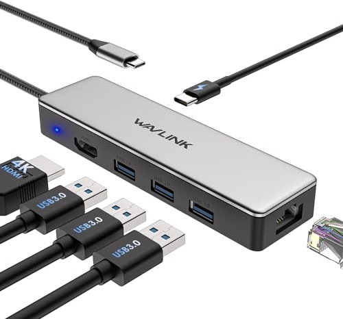 WAVLINK USB C Hub, Adaptador USB C 6 en 1 para MacBook Pro/Air/Thunderbolt 3/Dispositivos Tipo C, con HDMI 4K@30Hz, 3 USB 3.0, Gigabit Ethernet, 100W Power Delivery para Windows y Mac