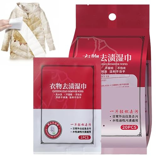 HOUXIANDOU Lingettes Humides Anti-Taches pour Vêtements, Lingettes Nettoyantes Emballées Individuellement, Lingettes Détachantes pour Vêtements, Lingettes pour Vêtements pour Taches (20 pièces)