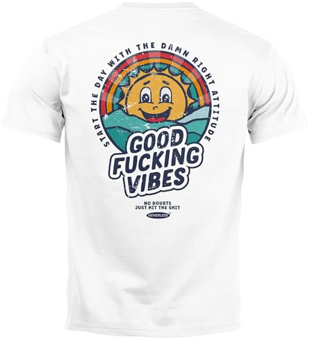 Neverless® Backprint Tshirt Herren Good Vibes Schriftzug Sommer Sonne Retro Vintage Printshirt mit Brustlogo Fashion Streetstyle Weiss L