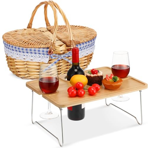 FoldTier Panier de pique-nique avec table à vin pliable, panier en osier fait à la main avec poignée de couvercle et plateau en bambou pour 2 activités en plein air, camping, pique-nique, cadeau pour
