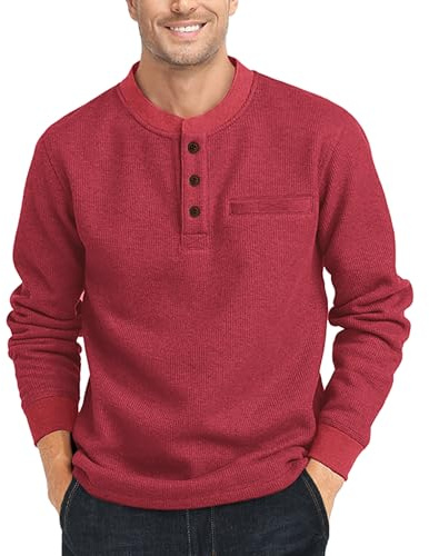 zitysport Henley Shirts Herren Langarm Casual Waffel Henley Hemd Männer Thermal Freizeithemd 3-Knopf Classic Henley T-Shirt Herren mit Brusttasche Langarmshirt Herren Pullover(Rot,XL)