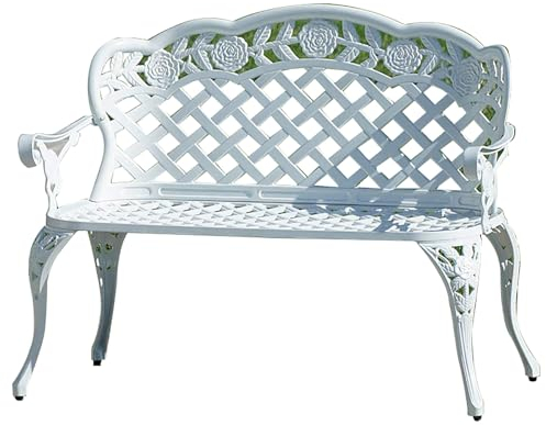 ZXTRYBHD Kleine Gartenbank Wetterfest für den Außenbereich, Gartenbank Metall mit Rückenlehne, Kesser Gartenbank für Kleine Räume, Hohlschnitzerei, Karbonstahl(White)