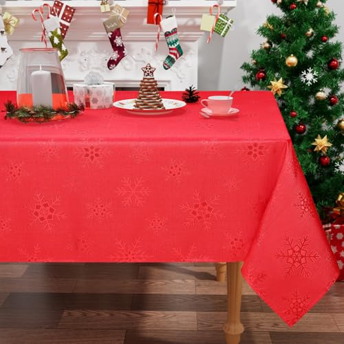 smiry Christmas Table Cloth Wipe Clean 140x100 cm, Red | Xmas Wipeable Rectangle Polyester Tablecloth with Snowflakes, Fabric Washable Table Cover for Dining Party and Festival