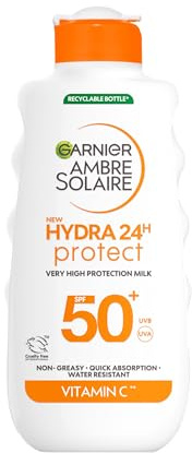 Garnier Ambre Solaire SPF 50+ Hydra 24 Hour Protect High protection UVB & UVA hydrating sun cream lotion. Enriched with Vitamin C, Water Resistant Sunscreen, Non greasy, Fast Absorbsion, 175ml