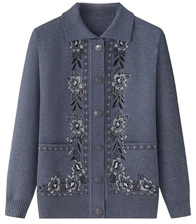 KIJSKKOPO Cardigan Mujer,Suéteres De Punto para Personas Mayores, Solapa Verde Oscuro, Manga Larga, Jacquard Floral, Perforación En Caliente, Abrigo De Punto con Bolsillo, Prendas De Vestir Ajusta