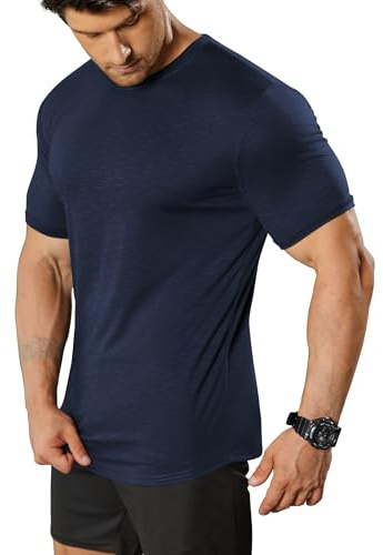 COOFANDY T-shirt med rund hals män sommar funktionell skjorta kortärmad gym fitness sportskjorta för män slim fit muscle sportskjorta, Mörkblå, XL