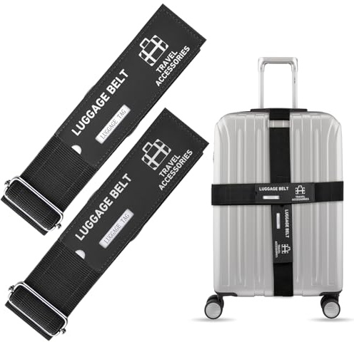 HONZUEN 2 pcs Cinta para Maletas de Viaje Correa Maleta Extra Larga 1,8 m & 2,2 m, Hebilla Metálica y Nylon 5 cm, Etiqueta de Dirección, Sujeta Equipaje Grande y Resistente, Negro