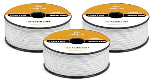 Abma Cord Corda Intrecciata in Poliestere 3mm x 20m Cima Nautica Resistente per Nautica, Esterno, Marina, Barca, Tende - Bianco