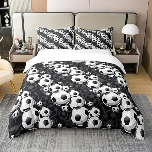 Fußball 100% Baumwolle Bettbezug 135x200 für Jungen,Kinder Fußball Bettwäsche Set für Fußball Liebhaber Schlafzimmer,Sport Spiel Tröster Abdeckung,Geometrische Schwarz Weiße Bettwäsche Abdeckung