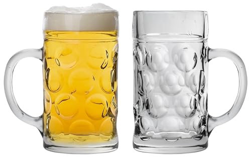 Rink Drink Giant Glass German Beer Steins - Large Dimpled Glass Tankard with Handle - 2 Pints - Clear - Pack of 2