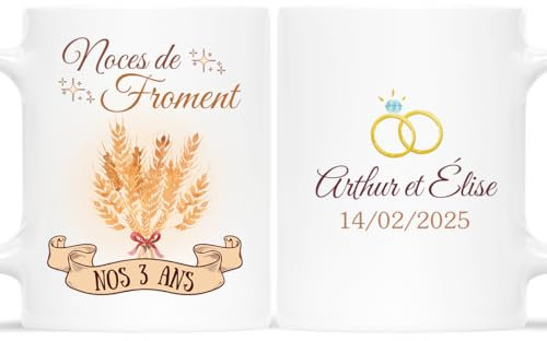CADEAU PLUS Mug Personnalisé Prénom/Date - Noces de Froment - Cadeau Anniversaire de Mariage, Amour, (Blanc)