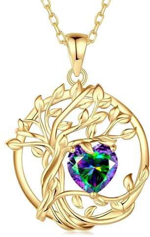 FANCIME Collier Pendentif Arbre de Vie Femme, Pendentif Arbre Plaqué Or 14K avec Pierre de Naissance, Bijou Cadeau Anniversaire pour Elle, Longueur de Chaîne : 40+5 cm | Argent Sterling 925 Plaqué Or 14 Carats, Bijoux Fin, Noël Fête des Mères Anniversaire de Naissance Cadeau pour Femme Elle
