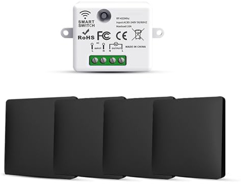 HYHIOTS Funkschalter 230V Funk Lichtschalter Batterielose Set Funk-Sender-Sicherheitsschalter und Empfänger-Controller 10A, Funk Schalter Licht, Keine Verkabelung, Funk-Lichtschalter (4 Way Kit)