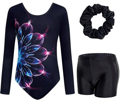 JiAmy Turnanzug Mädchen, Gymnastikanzug Kinder Turnshorts Haarband Set Gekreuzte Schulterriemen Turnanzug Leotard Set für 8-9 Jahre